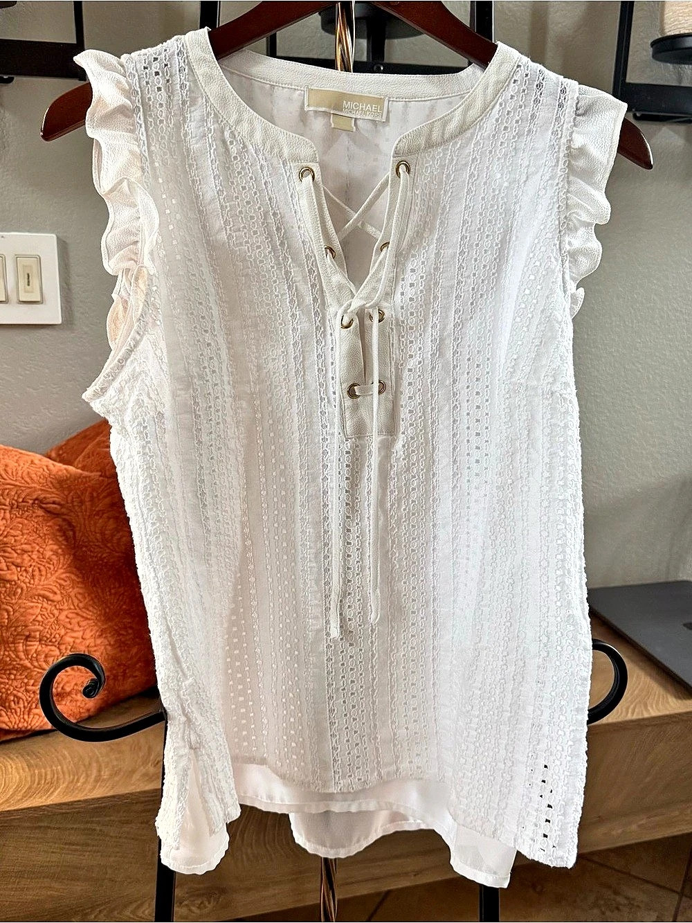 Michael Kors White Eyelet Lace-Up Blouse Size Small Like New